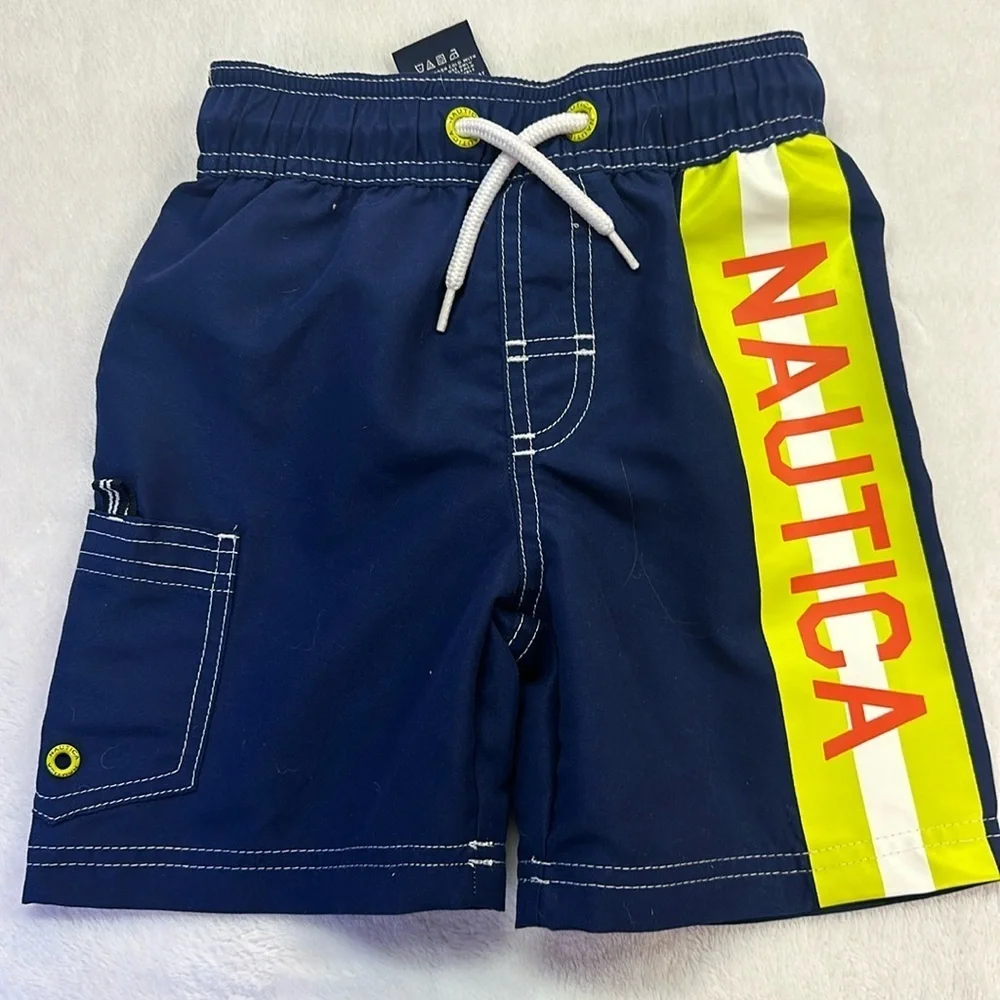 Nautica Navy Blue/Lime Green Yellow Graphic Swim Trunks 2T Preowned